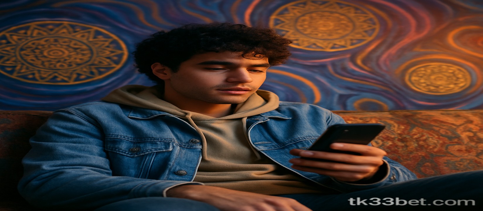 একজন ব্যক্তি আরাম করে সোফায় বসে স্মার্টফোনে tk33 অ্যাপ ব্যবহার করছেন
