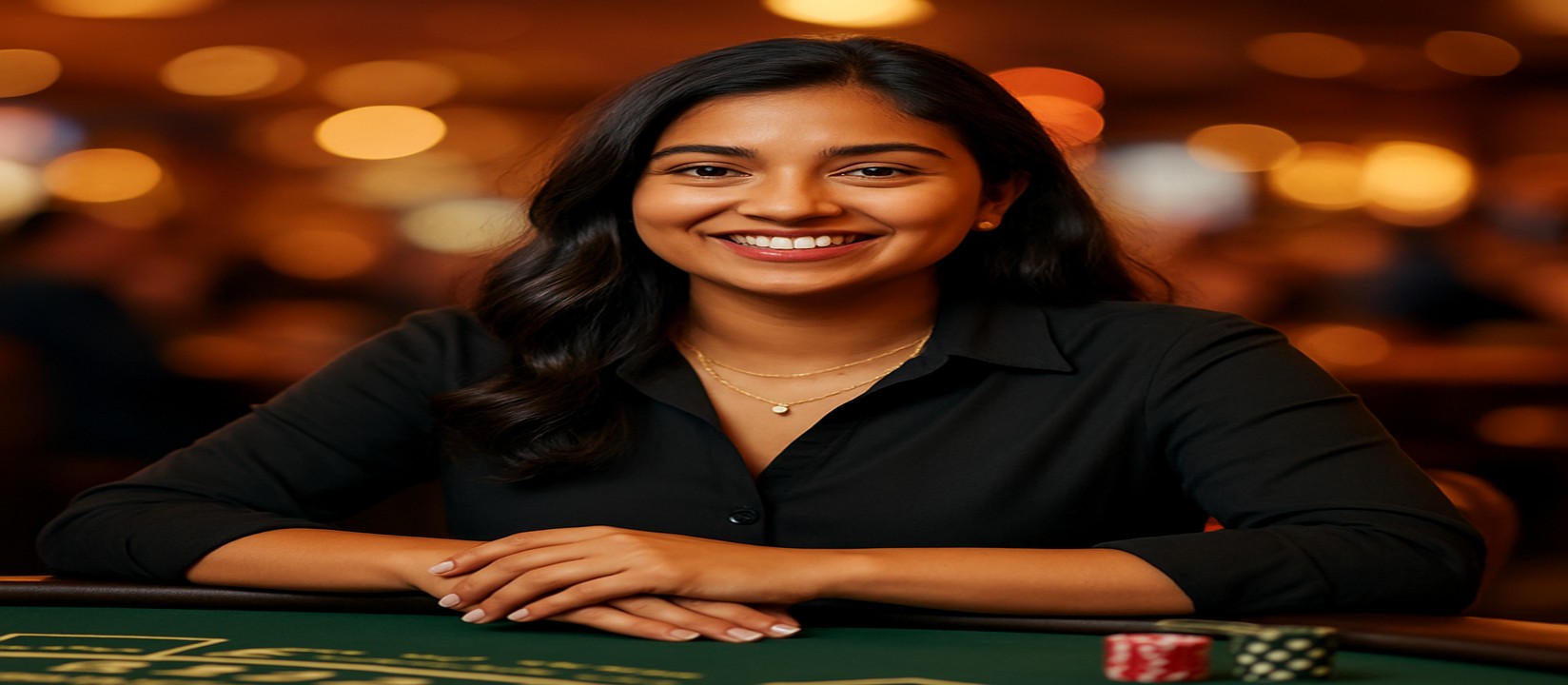 tk33-এ একটি হাসিখুশি মেয়ে গেমিং প্ল্যাটফর্মের কার্ড টেবিলে বসে সামনে বিস্তৃত খেলার নির্বাচন প্রস্তাব করেন