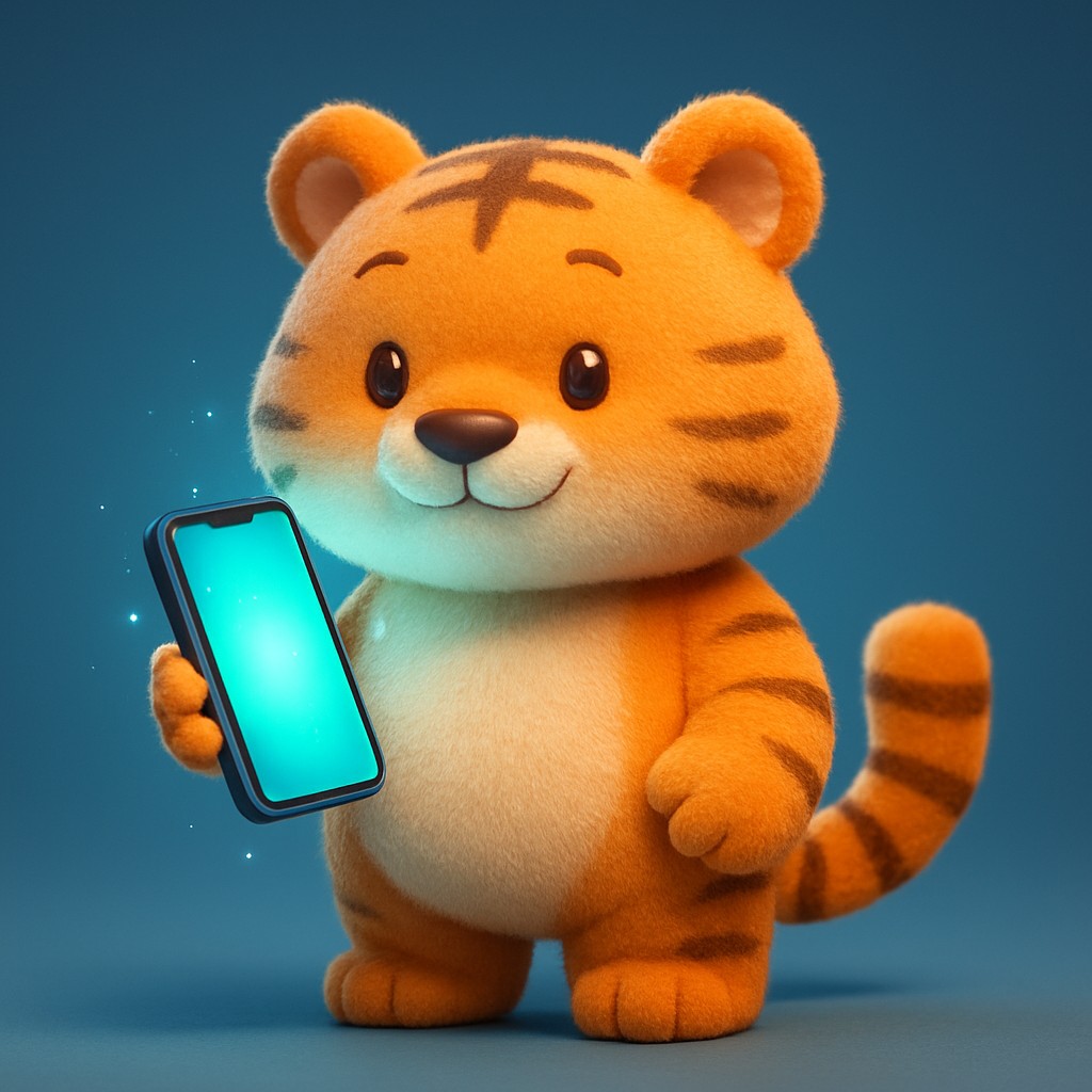 স্মার্টফোনে tk33 অ্যাপটি ব্যবহার করছে এক কার্টুন বাঘশাবক