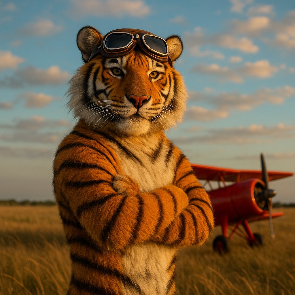 এভিয়েটর গেমটির প্রতীক হিসেবে লাল রঙের বিমানের পাশে দাঁড়িয়ে থাকা টাইগার পাইলট