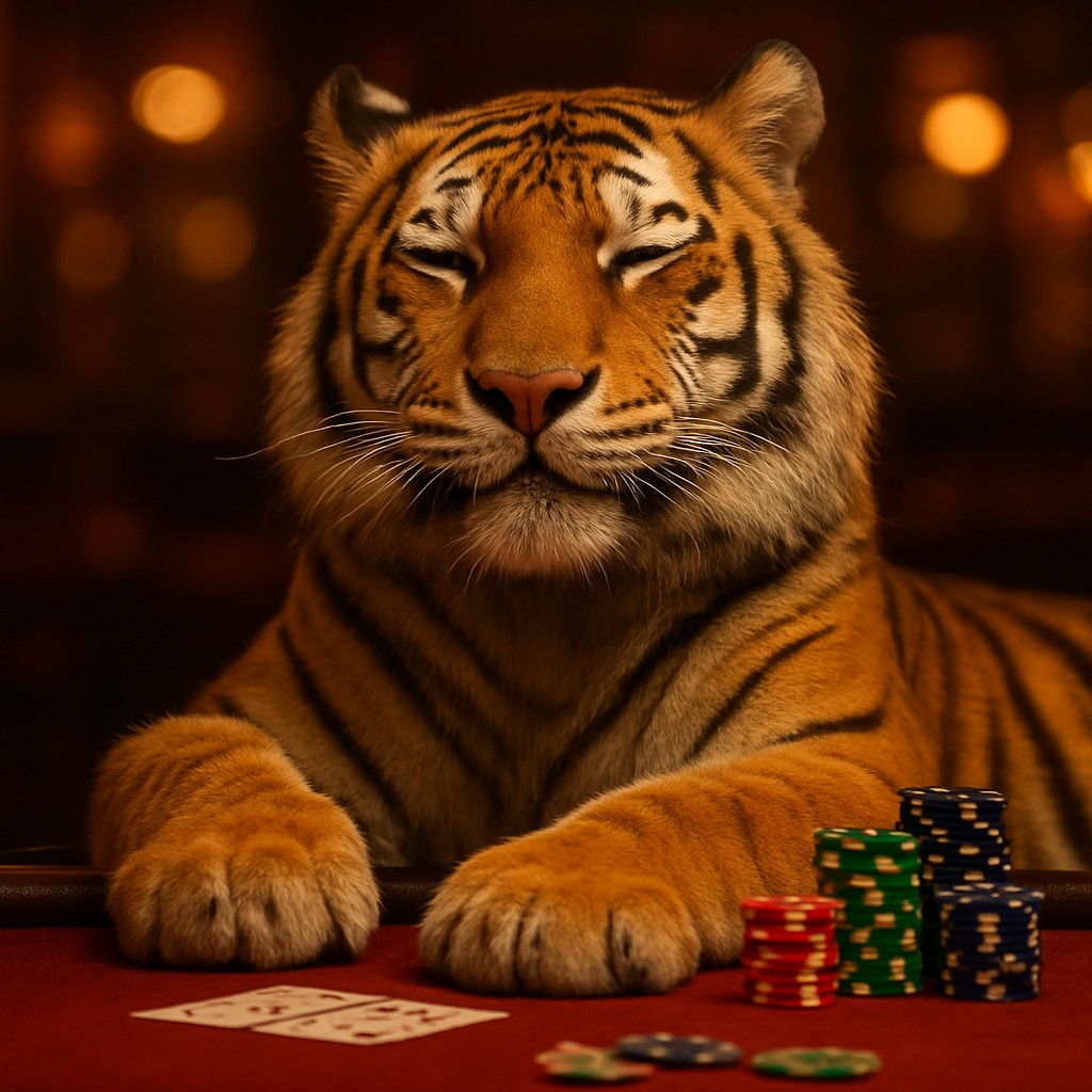 tk33 গেমিং প্ল্যাটফর্মে চিপসসহ হাসিখুশি টাইগার শাবক একটি গেমিং টেবিলে বসে আছে
