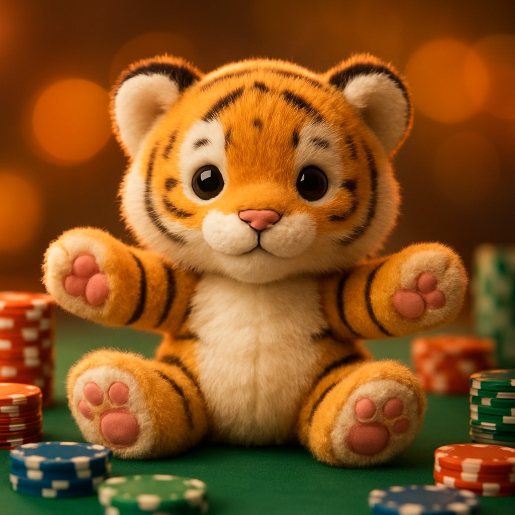 একটি ছোট বাঘের বাচ্চা একটি টেবিলের ওপর খেলার সামগ্রীসহ বসে আছে