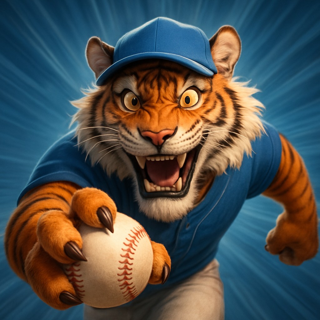 tk33 ক্রিকেট গেমিংয়ের প্রতীক হিসেবে ইউনিফর্ম পরা, হাতে বল ধরায় থাকা খুশি টাইগার বাচ্চা