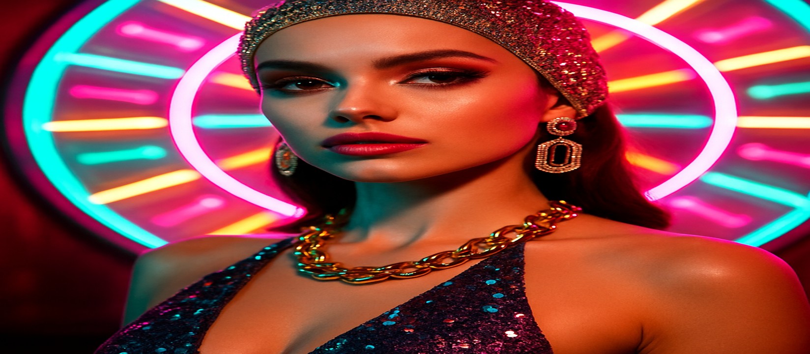 একজন নারী উজ্জ্বল পোশাকে, চাকার সামনে দাঁড়িয়ে, একটি রঙিন গেমিং