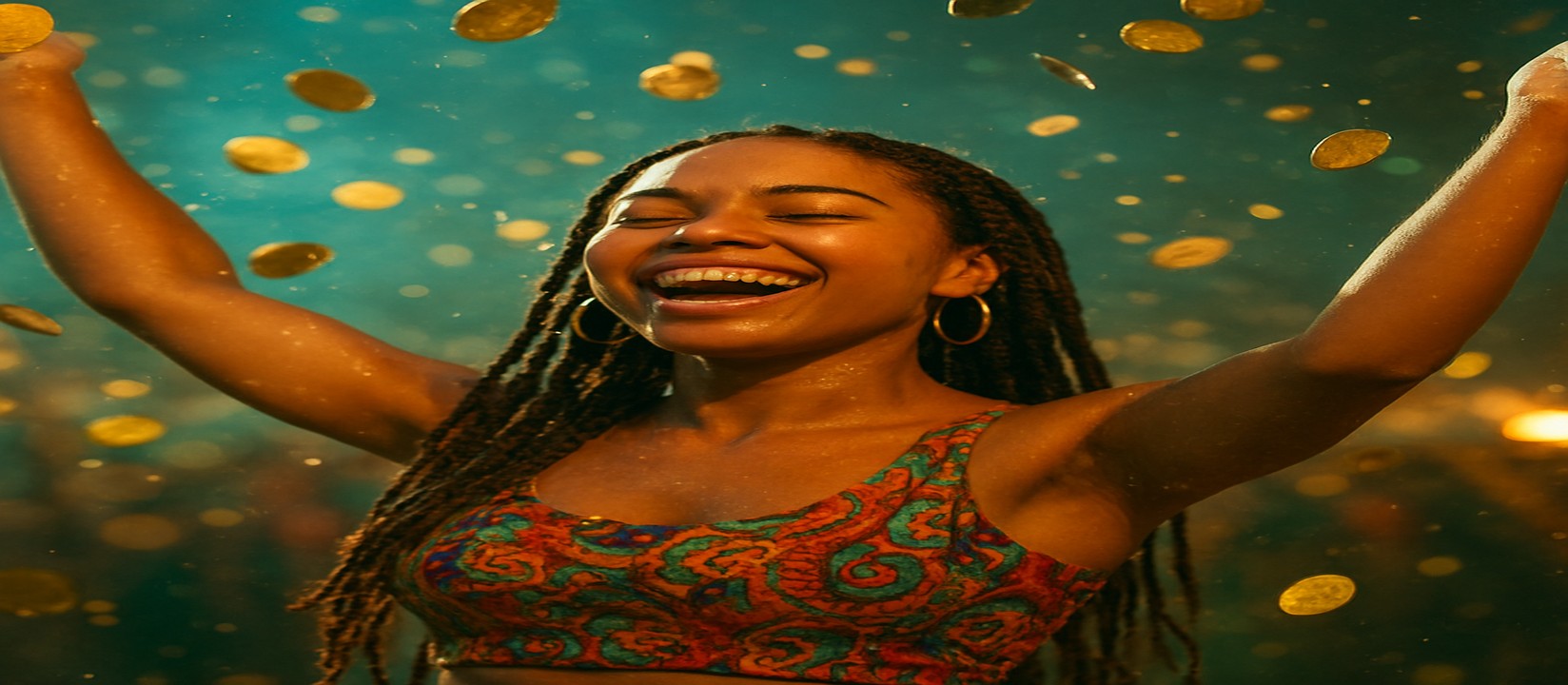 মুদ্রার ঝরনার মাঝে রঙিন পোশাকে এক নারী